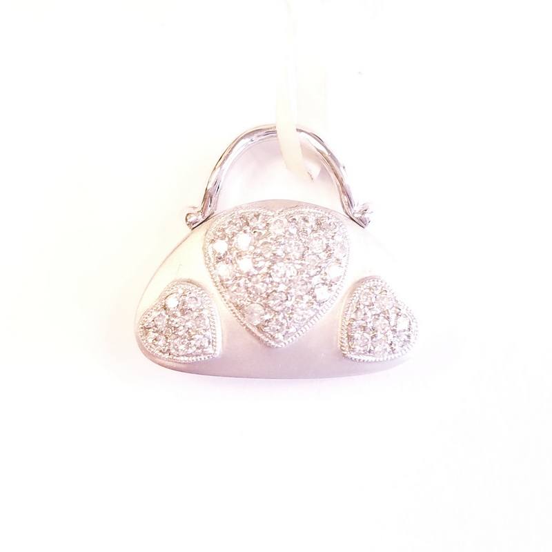 18K White Gold Diamond Heart Handbag Charm Pendant