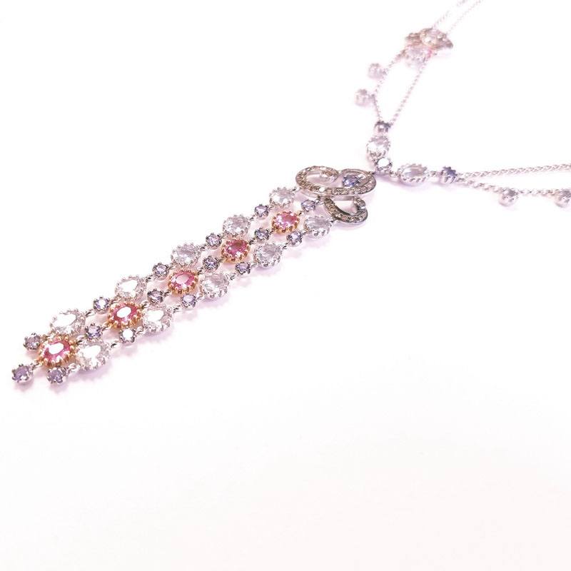 18K White Gold Lariat Diamond Chain Necklace with Precious Stones