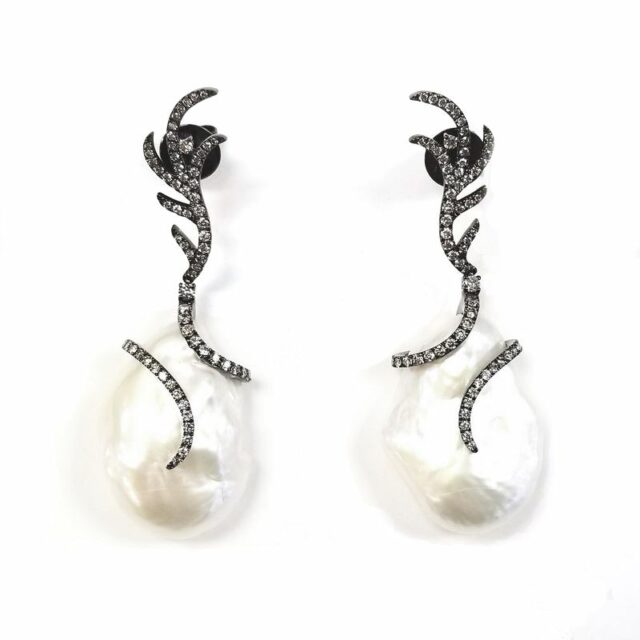 Tara Pearls 14K Black Rhodium Plated Gold Branched Earrings With Diamond And Pearl