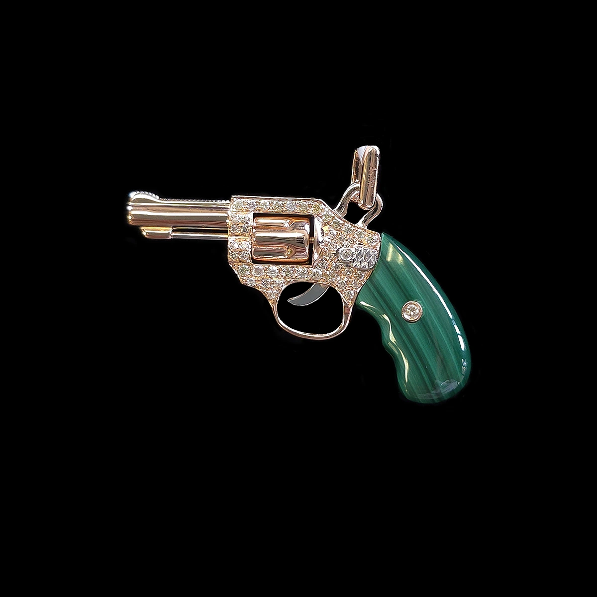18K Rose Gold Revolver Pendant with Diamonds and Malachite