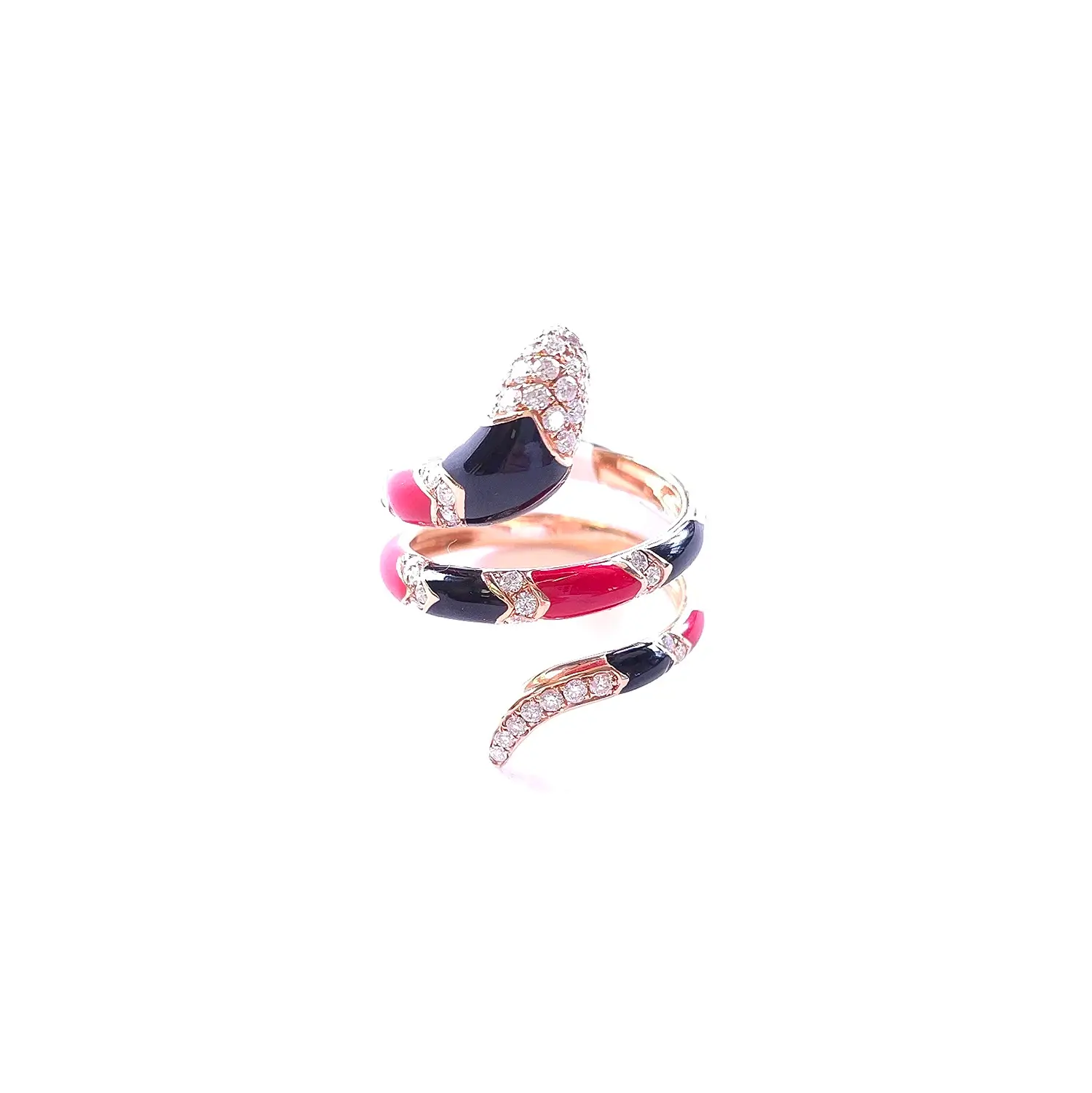 18K Rose Gold Enamel Snake Ring with Diamonds