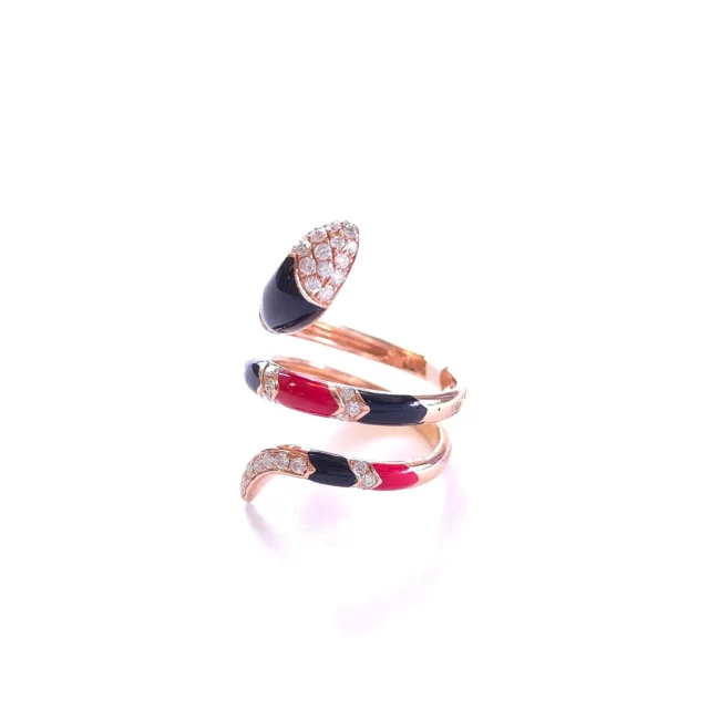 18K Rose Gold Enamel Snake Ring with Diamonds