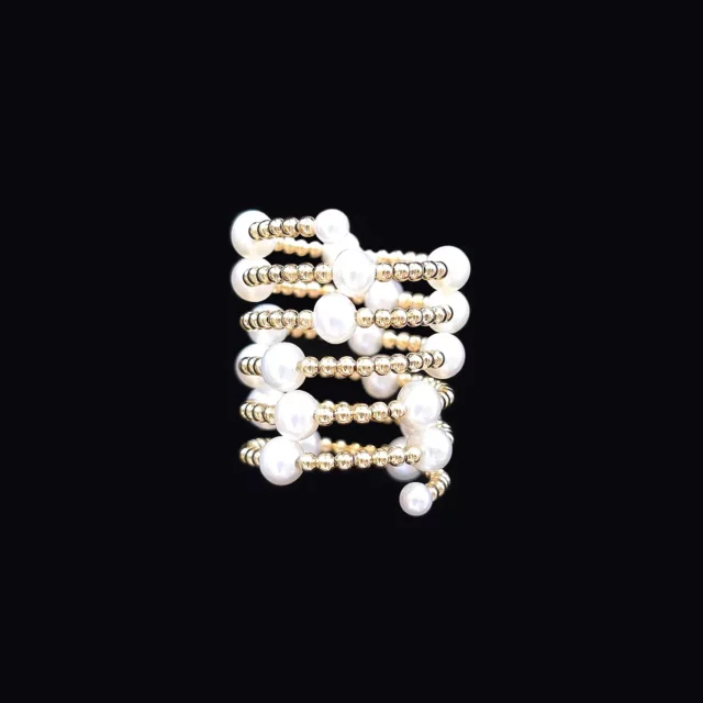 18K Yellow Gold Beaded Spiral Pearl Ring