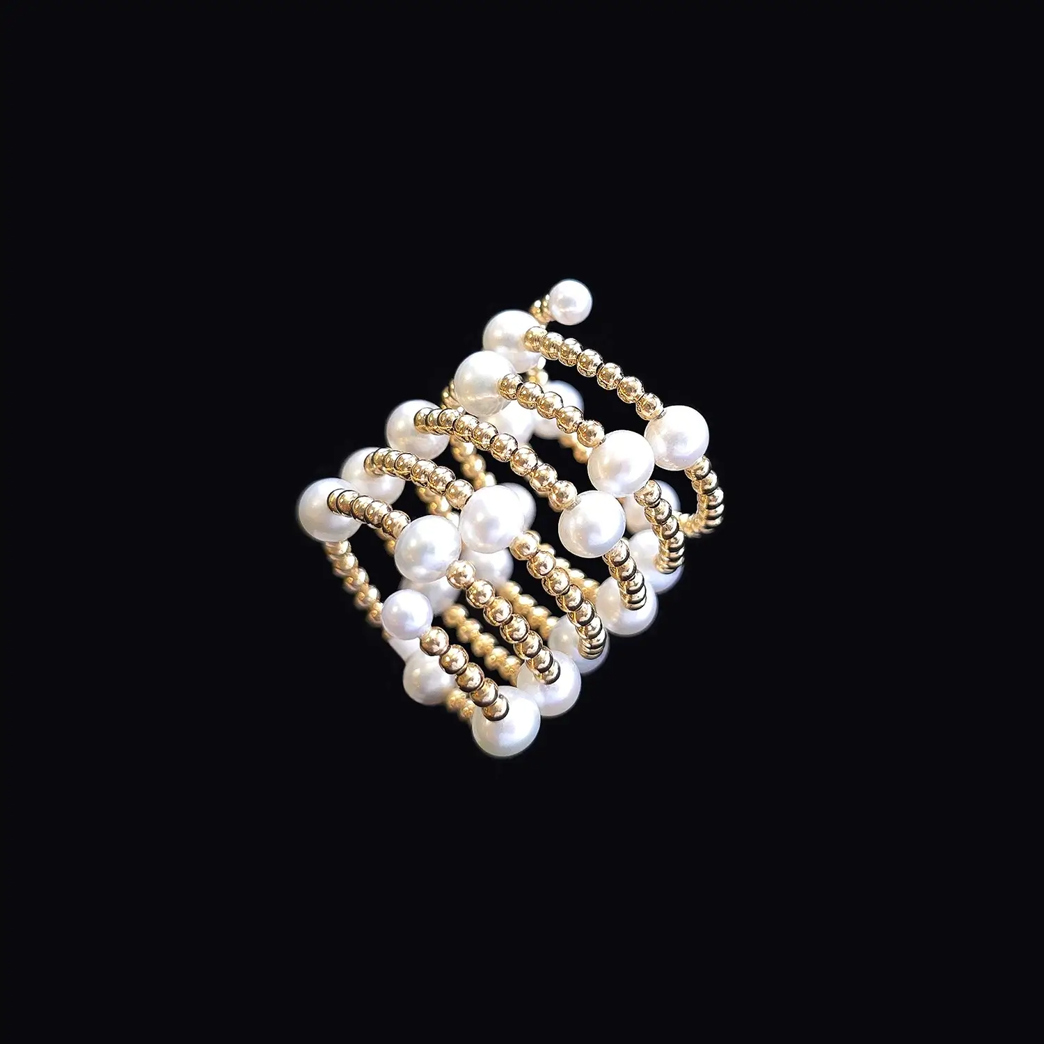 18K Yellow Gold Beaded Spiral Pearl Ring