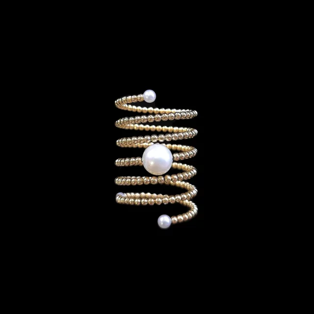 18K Yellow Gold Beaded Spiral Ring with Multi-Size Pearls