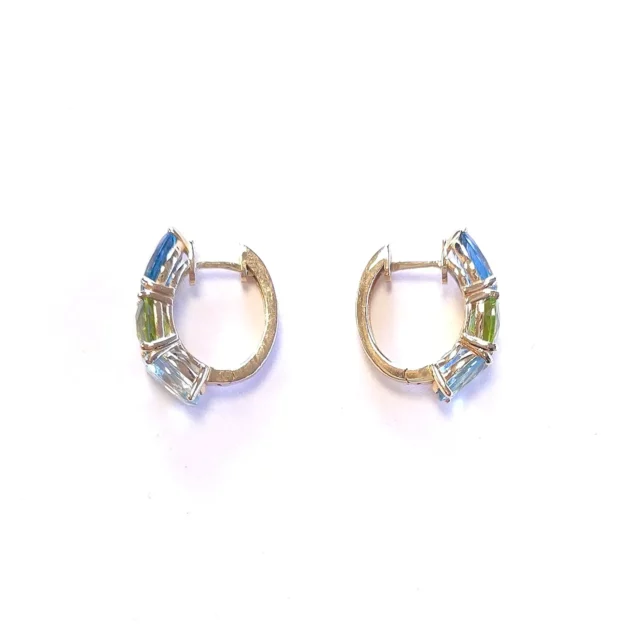 14K Yellow Gold Hoop Earrings with Blue and Green Topaz