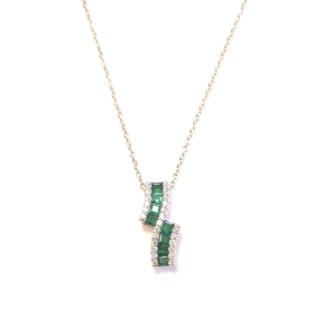 14K Yellow Gold Spiral Pave Diamond and Emerald Necklace