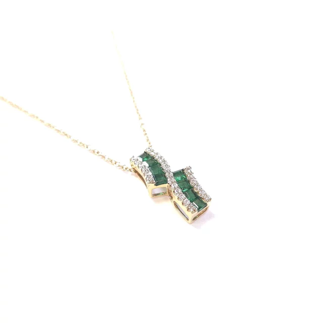 14K Yellow Gold Spiral Pave Diamond and Emerald Necklace