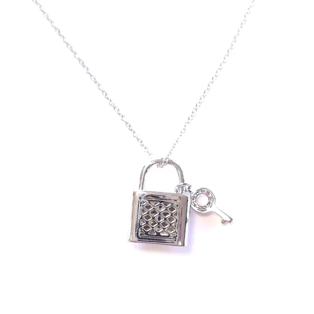 18K White Gold Diamond Lock and Key Necklace