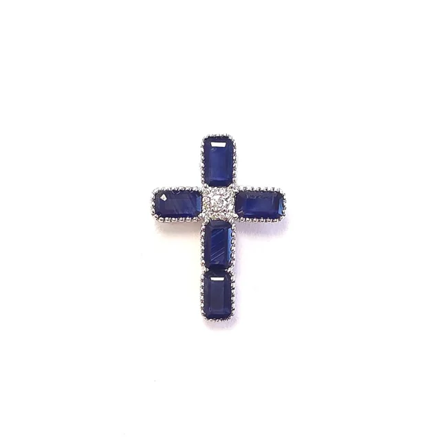 18K White Gold Sapphire Cross Pendant with Paved Diamonds