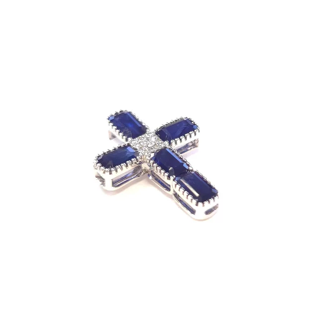 18K White Gold Sapphire Cross Pendant with Paved Diamonds