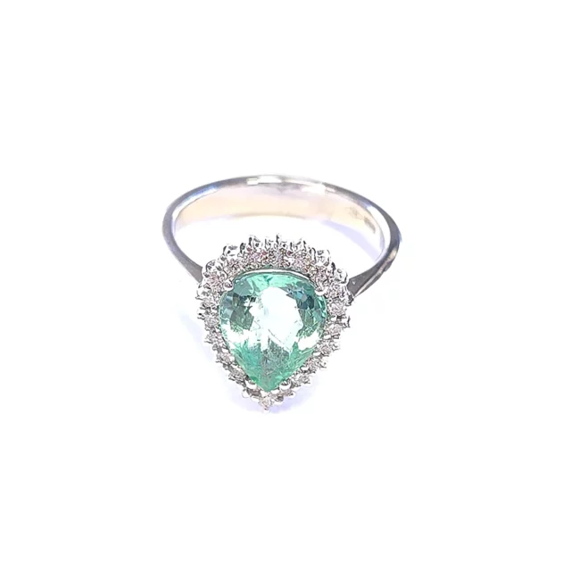 Crieri 18K White Gold Pear Shaped Emerald Ring with Diamonds